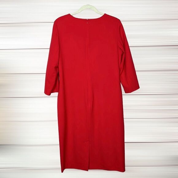 Lafayette 148 New York Red Wool Draped Shift Dress 3/4 Sleeves Round Neck US10 - Picture 7 of 14
